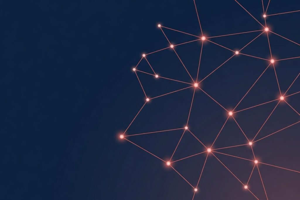 Abstract network of connected nodes in TrueVantage navy and coral