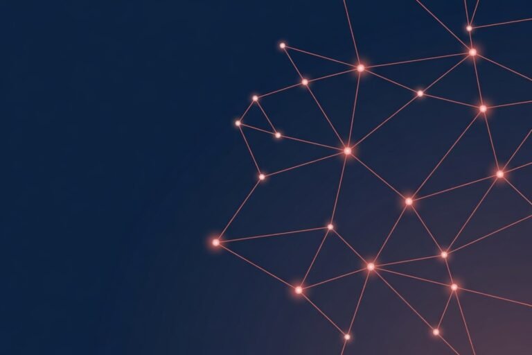 Abstract network of connected nodes in TrueVantage navy and coral